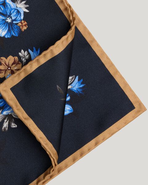 Floral Print Silk Pocket Square, Navy/Tan, hi-res
